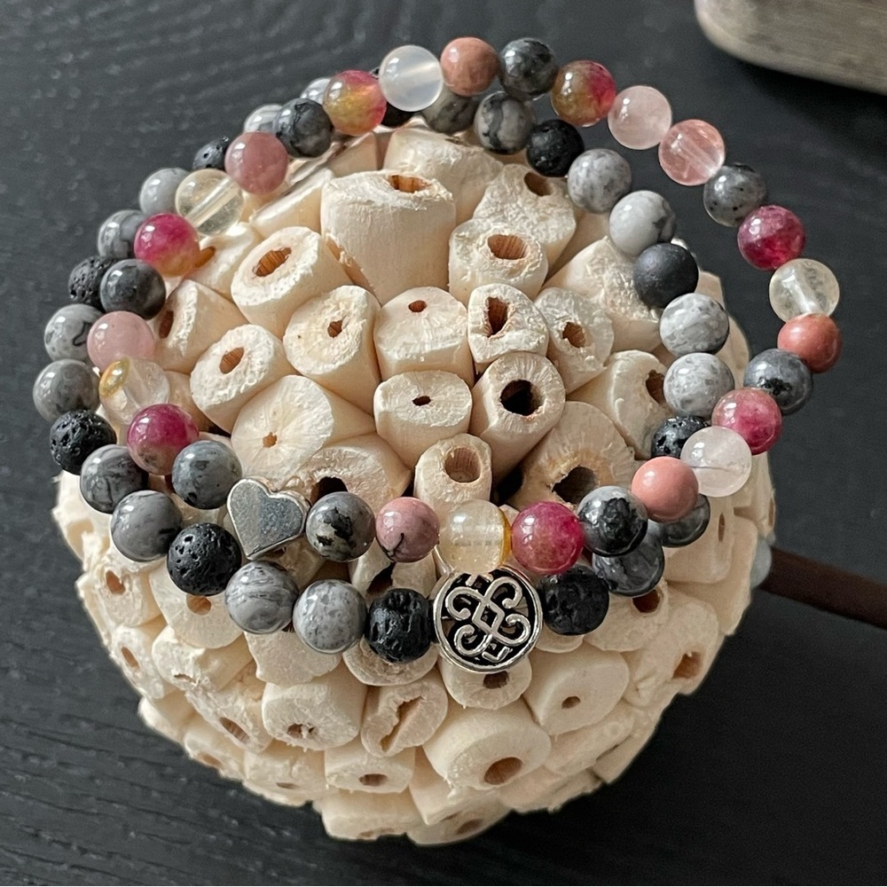Handmade natural Stone Beaded Bracelet Set Lava Jasper Labradorite Tourmaline